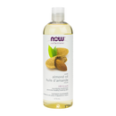 Close-up of NOW Sweet Almond Oil with its packaging, highlighting its nourishing properties for skin and hair.