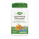 A bottle of Nature's Way Fenugreek Seed capsules with a green and white label, indicating the product is non-GMO and vegetarian.